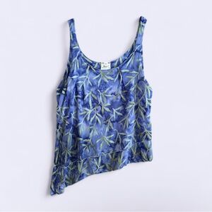 Vintage 90s Lost River Rayon Asymmetric Top Blue Green Leaf Print Ocean